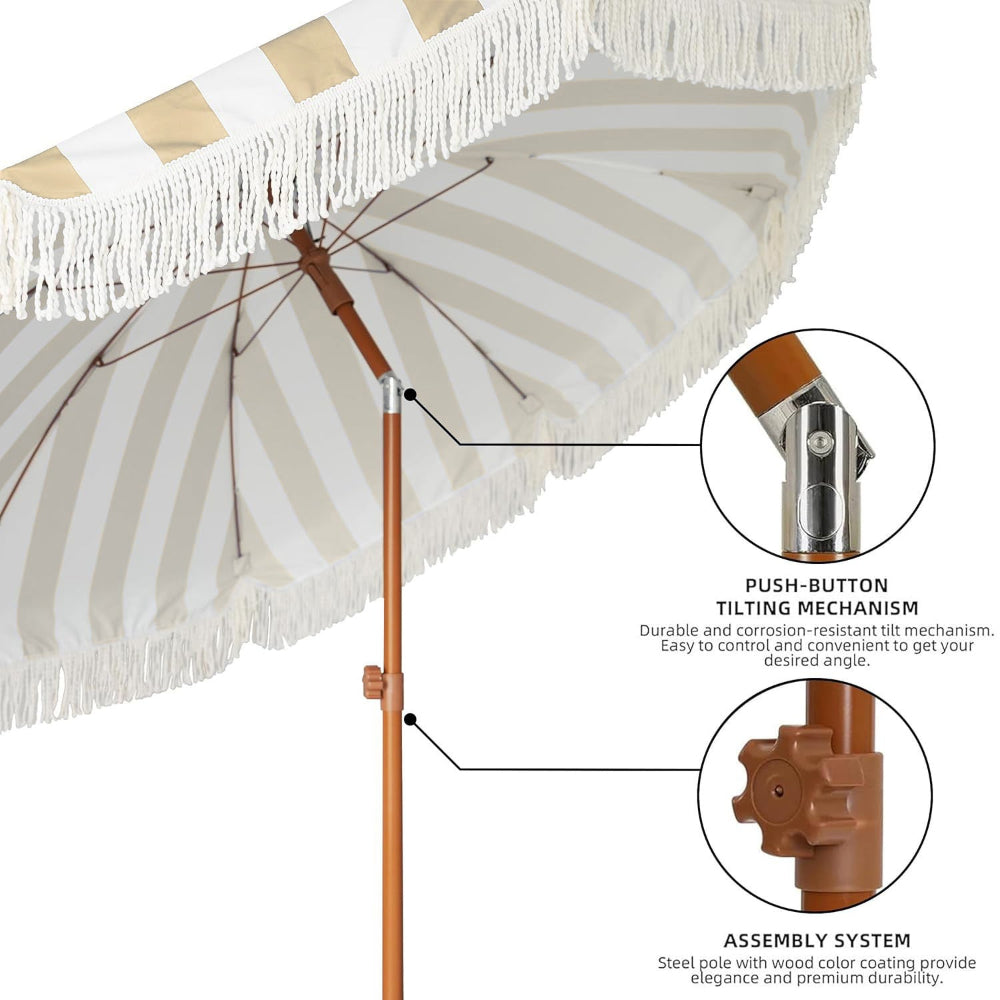 AMMSUN 7ft beige stripes fringe umbrella outdoor patio boho umbrella has tilt and knob for height adjustment