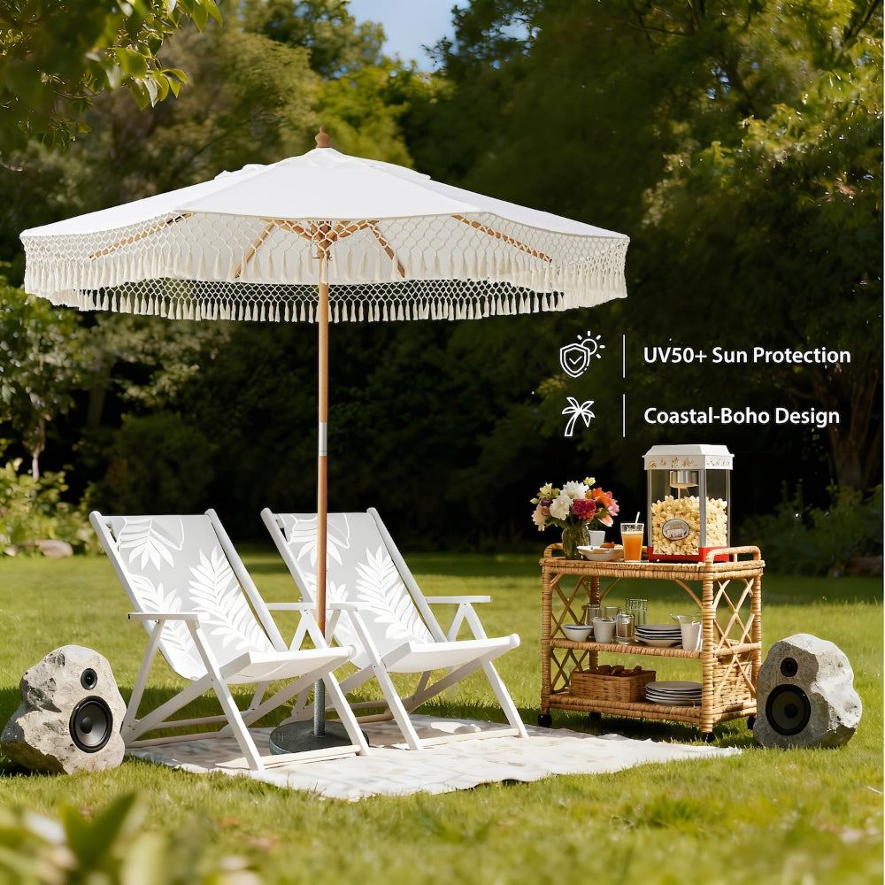 Two lounge chairs sit on the grass under AMMSUN 8.5ft market umbrella with wood handle pulley lift
