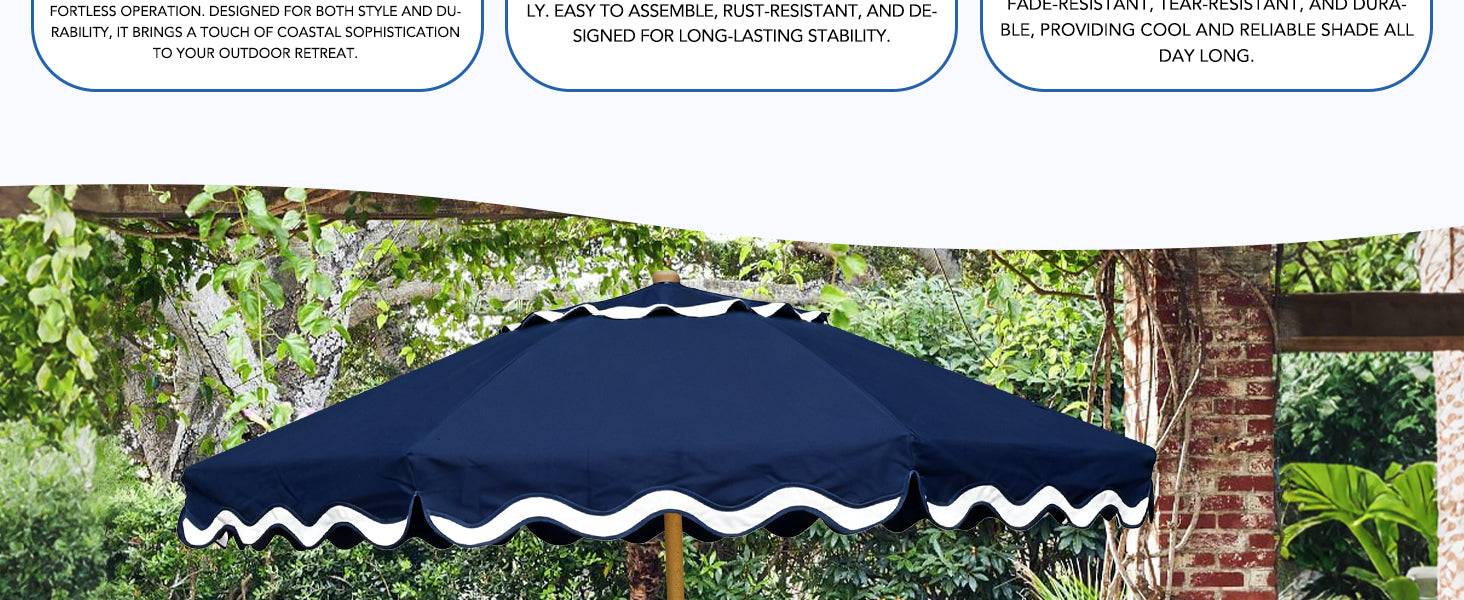 AMMSUN navy blue pulley lift picnic table umbrella for outdoor umbrella with white trim in a garden