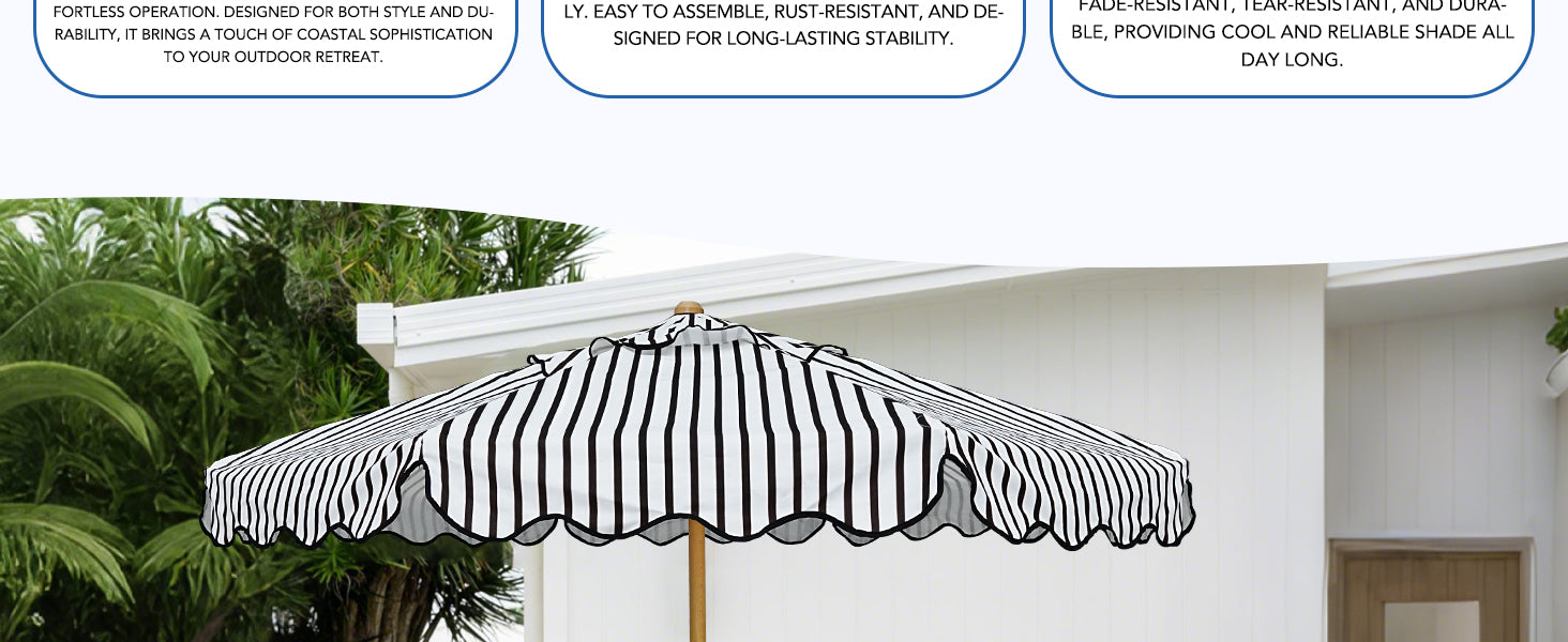 AMMSUN Black-white stripes pulley lift in pool umbrella for sun shelf with white trim in a garden