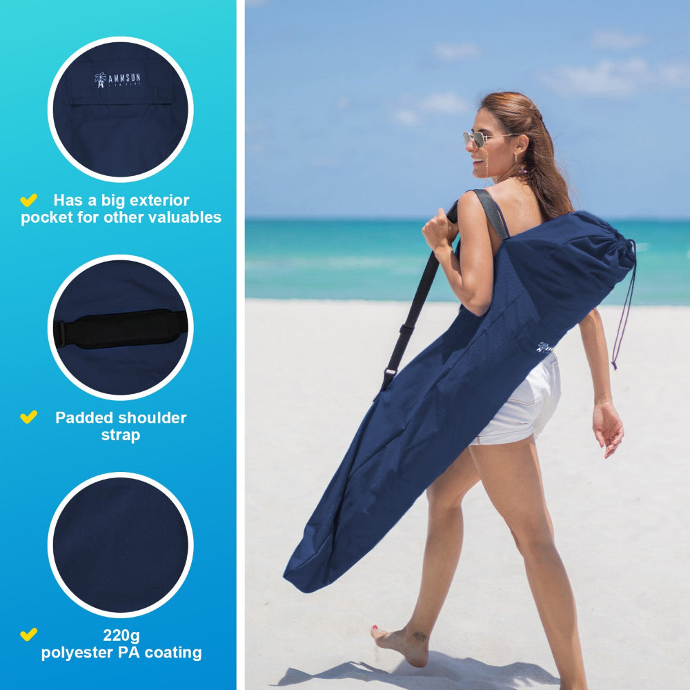 A woman carrying AMMSUN navy blue umbrella covers with a big exterior pocketand padded shoulder sratp in 220g draped