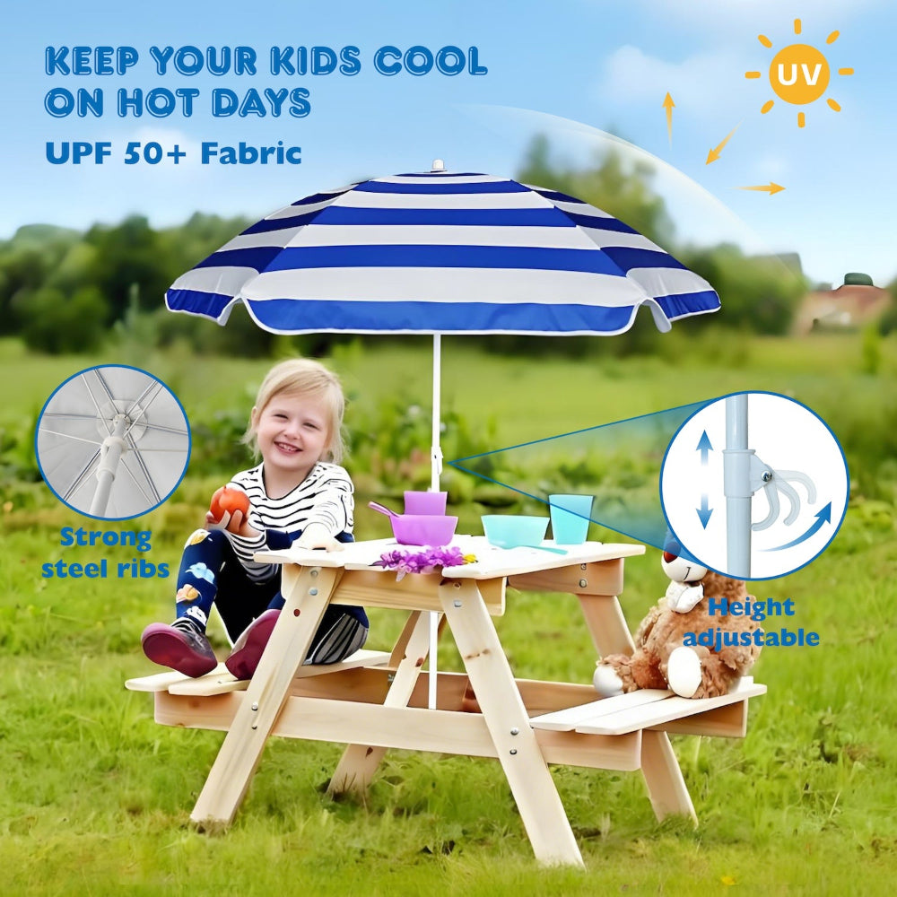 A girl sitting on the camping table sheltered by AMMSUN 5ft blue white camp chair umbrella for kids