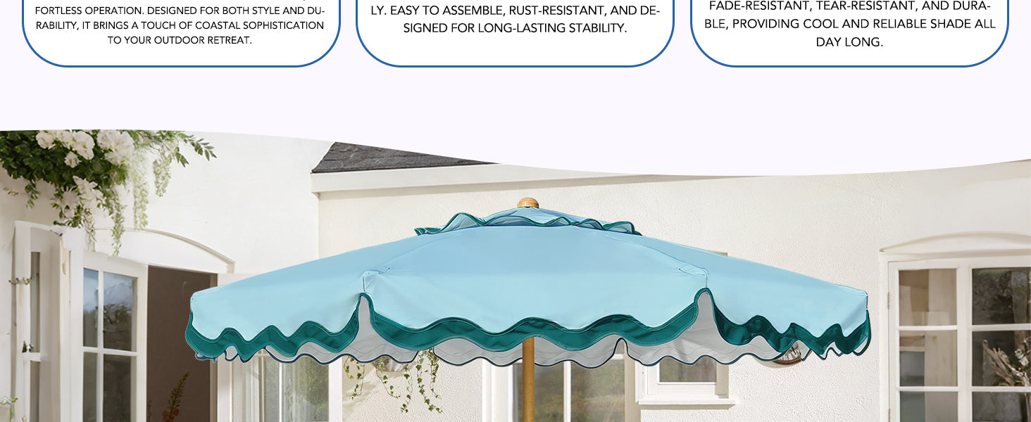 AMMSUN Turquoise pulley lift large beach umbrella for outdoor patio with white trim in a garden
