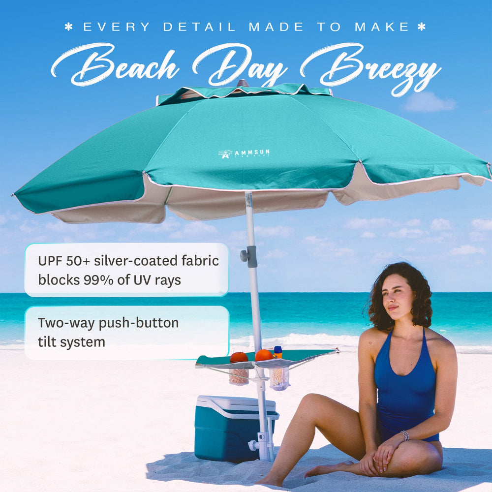 Relaxed-looking woman under teal AMMSUN 7ft UPF50+ dual-tilt portable beach umbrella. Beach umbrella with table, Tommy bahama beach umbrella