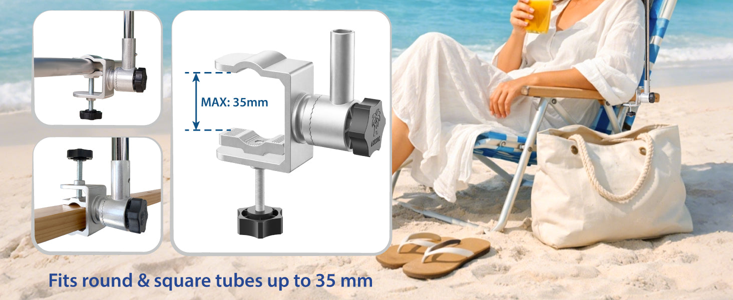 A woman sitting under an AMMSUN red large size umbrella attachment for chair with clamp for outdoors umbrella for 360 degree swivel