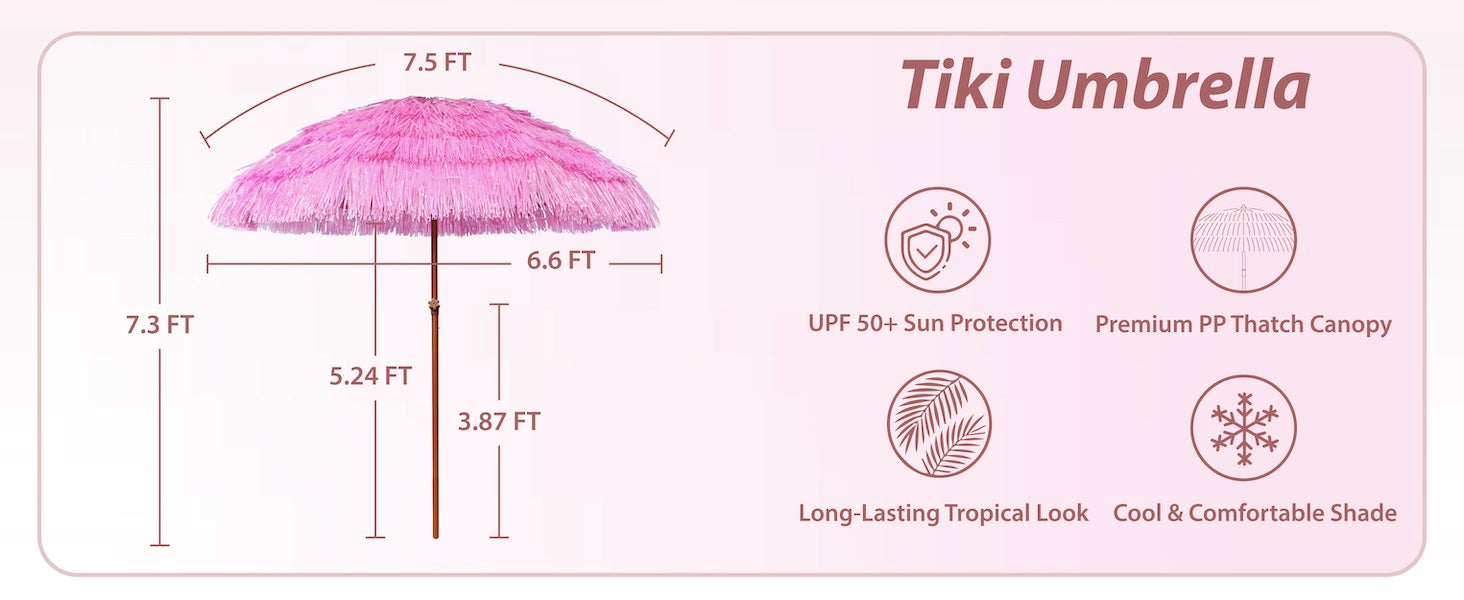AMMSUN 7.5ft baby pink tiki umbrella for balcony umbrella outdise with measurements