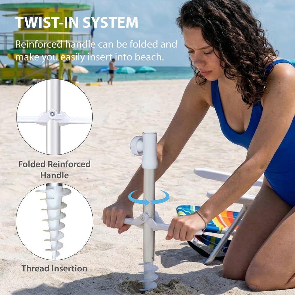 Using the iron pipe to screw AMMSUN patent sand anchor for beach umbrellas into sand