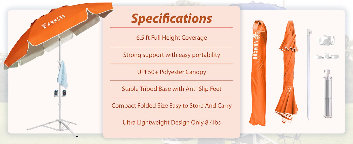 AMMSUN 6.5ft portable sports umbrella with stand for outdoor has drink holder for bottles, hat, and towel