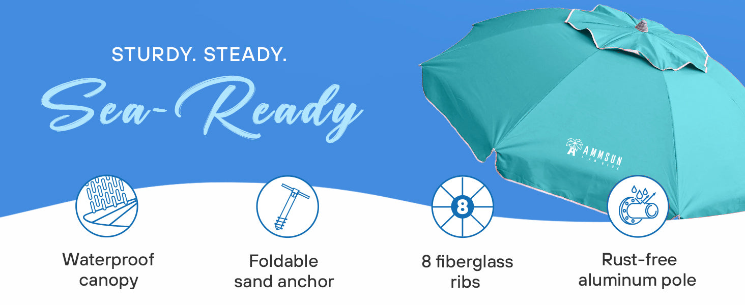 This AMMSUN 7ft teal umbrella is waterproof, features 8 sturdy ribs and a rust-proof aluminum pole, and comes with a portable sand anchor. Tommy bahama beach umbrella with sand anchor. Portable beach umbrella. Floating table umbrella. Beach umbrellas for sand.