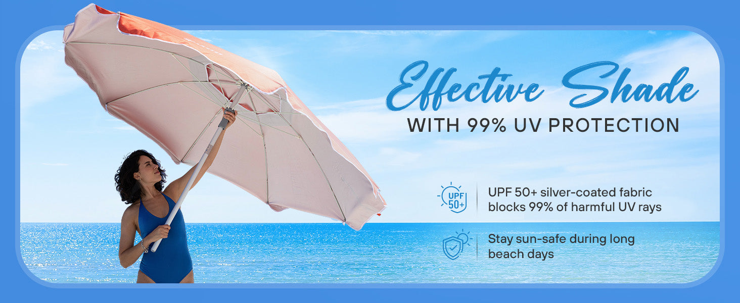 Woman holding AMMSUN 7ft large beach umbrella with UV protection for beach heavy duty umbrella
