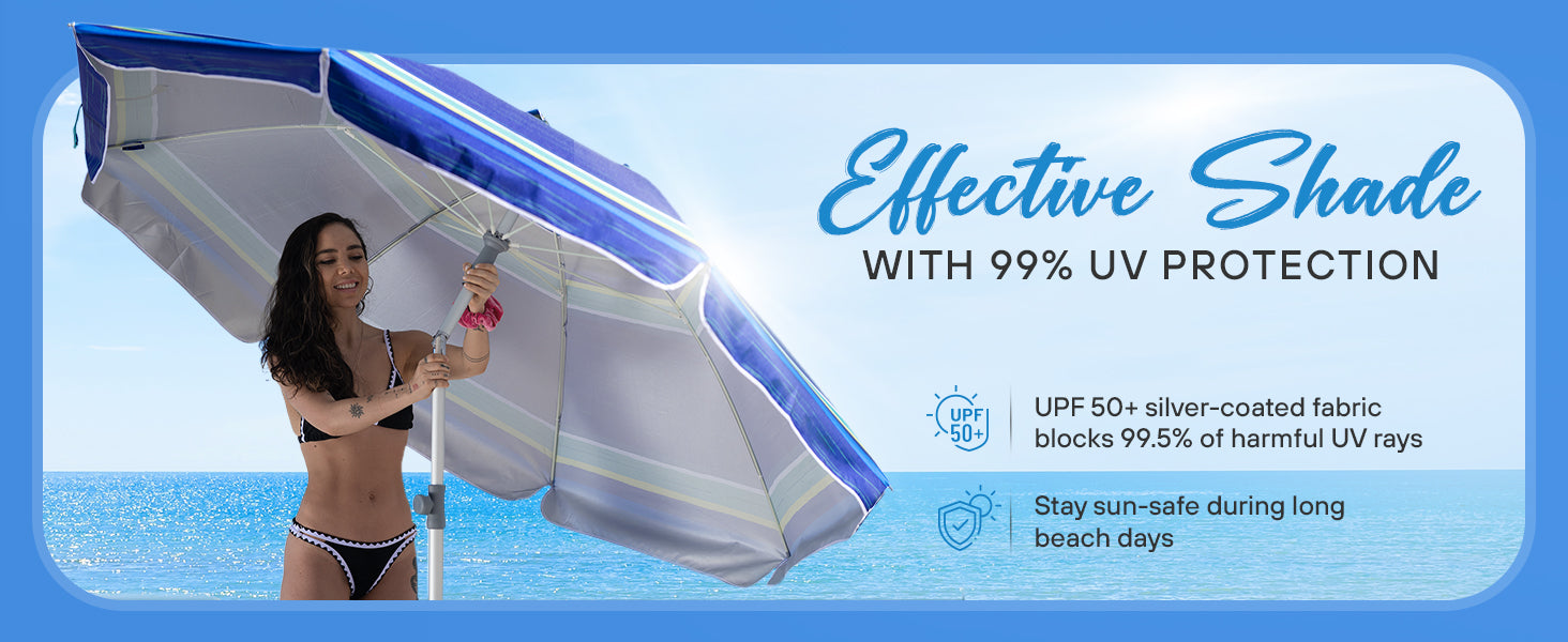 Woman holding AMMSUN 7ft large built-in table beach umbrella with UV protection