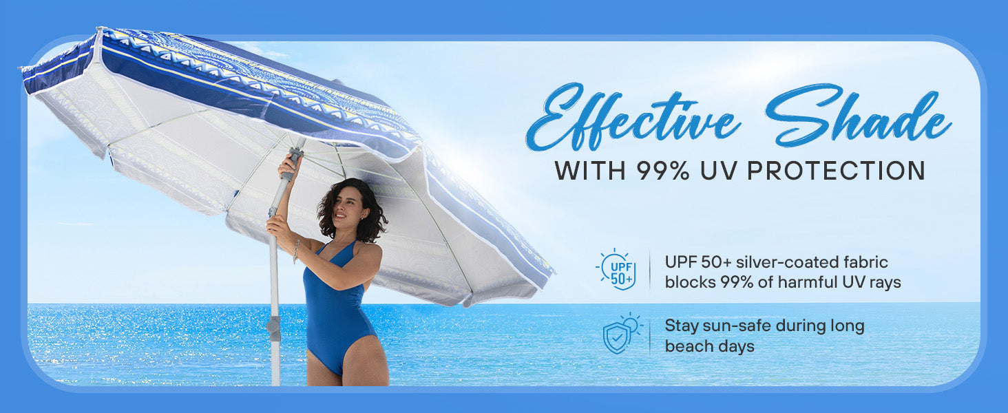 AMMSUN 7ft blue stripes beach umbrella high wind with anchor, Built-in Table, has air-vent design for stability and cool