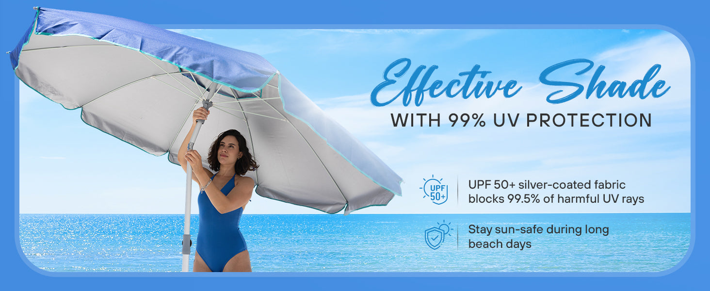 Woman holding an AMMSUN 7ft blue stripes uv protection travel beach umbrella with sand anchor