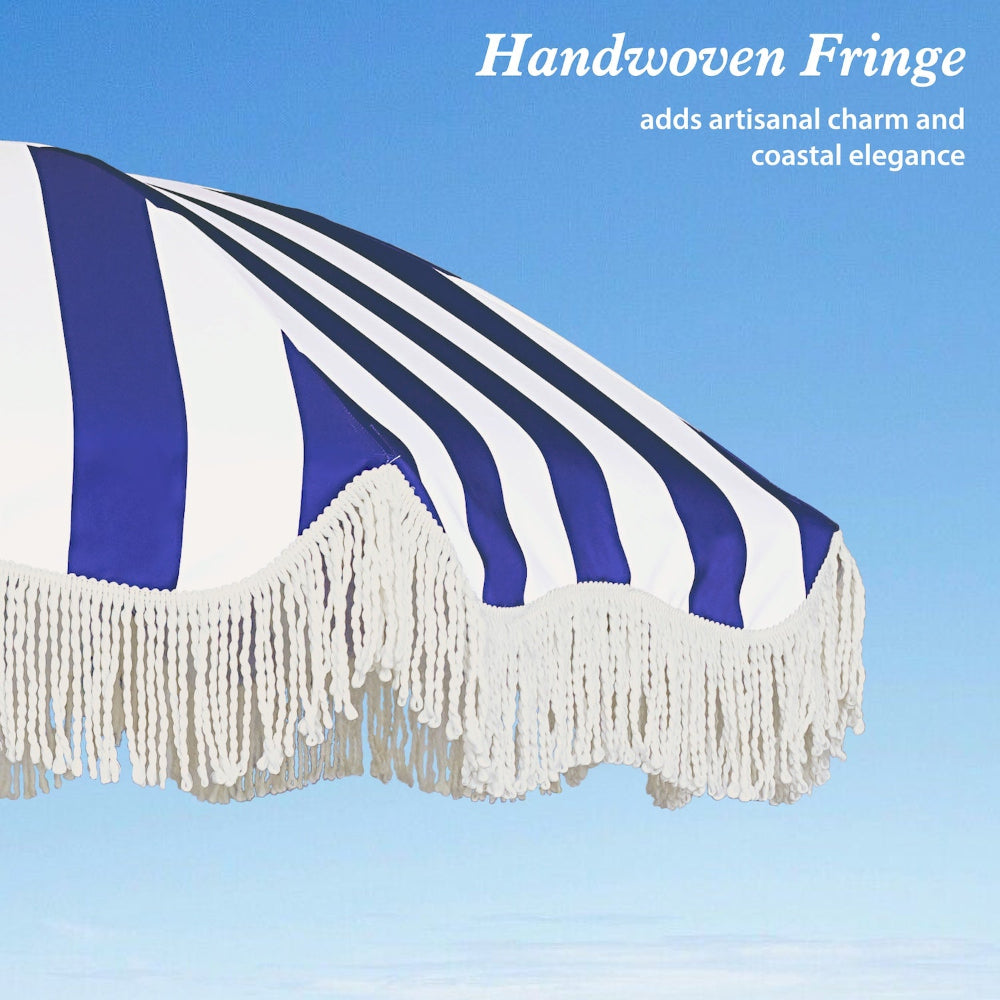 AMMSUN 6.5ft navy blue stripe waterproof outdoor patio umbrella with fringe is fade and uv 50+ resistant