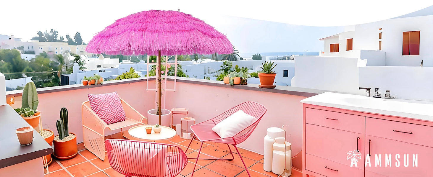 A table and chair shaded by AMMSUN 7.5ft hula thatched tiki umbrella for balcony umbrella for apartments