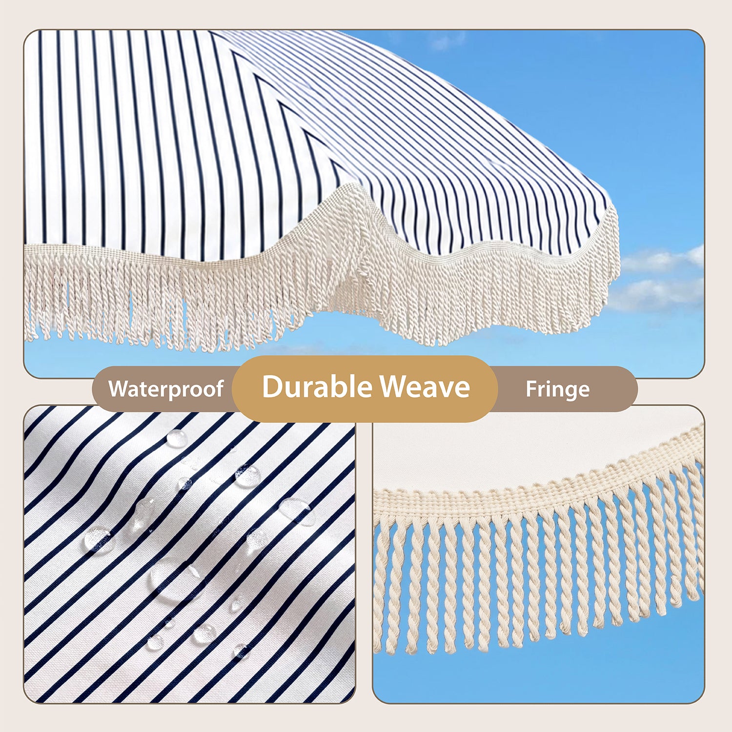 AMMSUN 6.5ft Fringe Umbrella,Wood-inspired Finish Steel Pole, Navy Blue Stripes