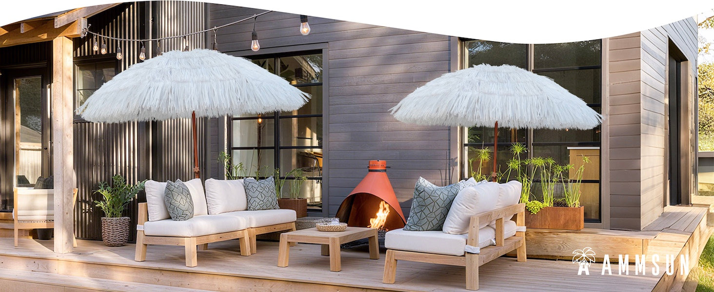 Table and chair shaded by AMMSUN 7.5ft white hula thatched tiki umbrella for balcony umbrella for apartments