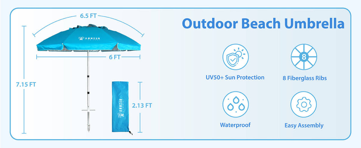 AMMSUN 6.5ft twiced folded shade umbrella portable sun shade umbrella uv 50+ is in 7.15ft high with 8 fiberglass ribs