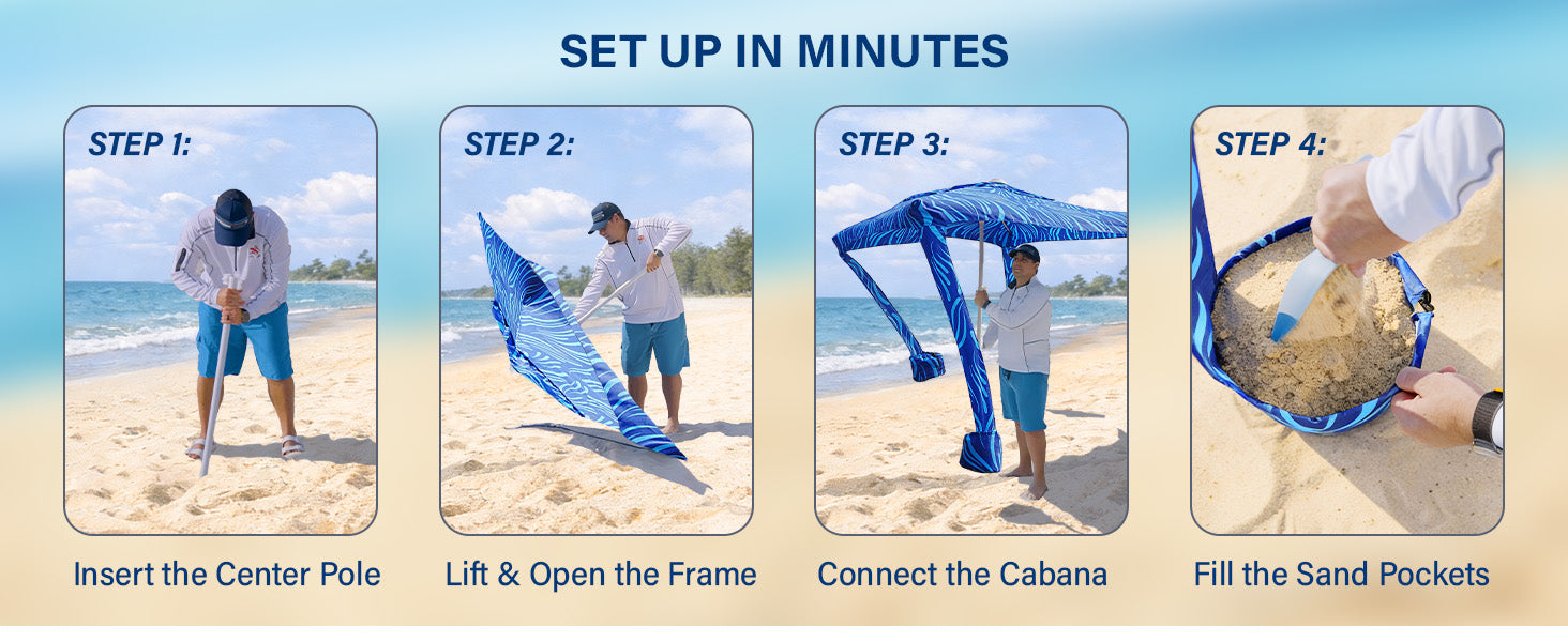 4 steps to easily set up AMMSUN 6.2'×6.2' beach tent canopy, easy setup beach cabana with sand bags