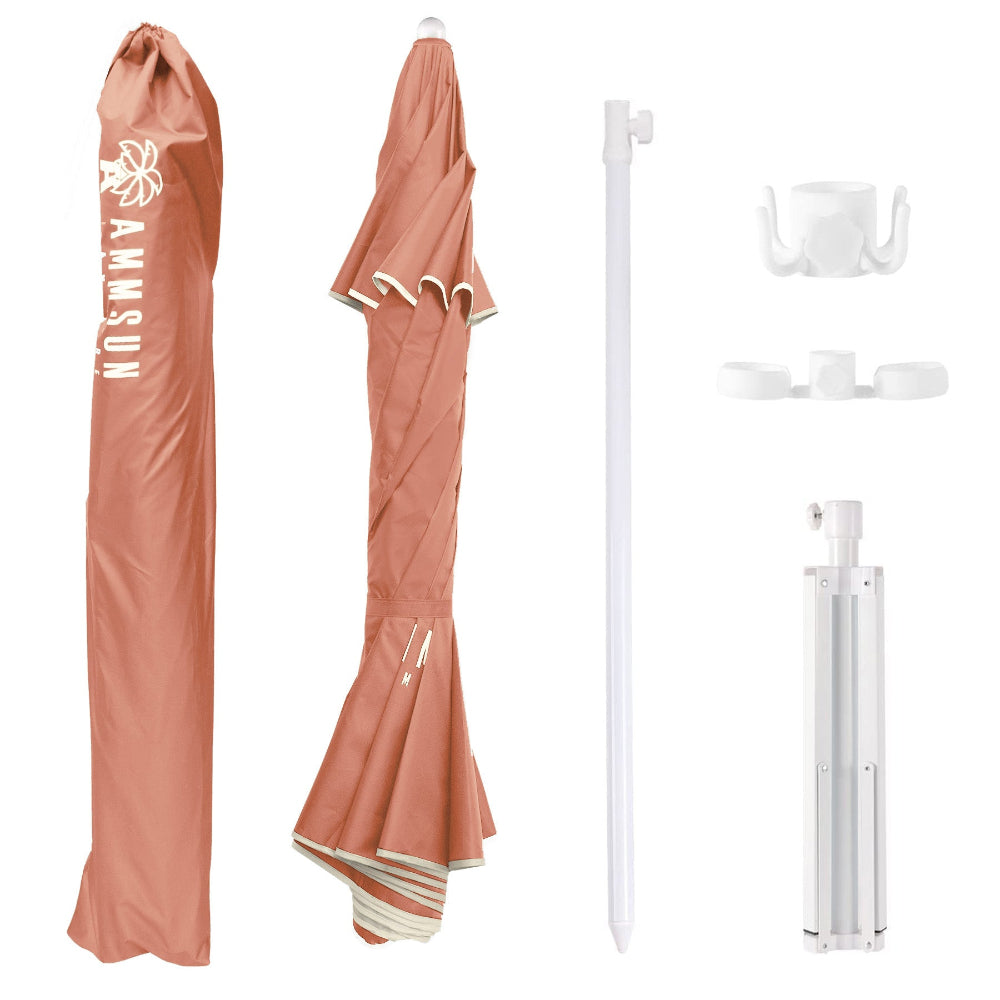 AMMSUN 6.5ft Peach Pink portable umbrellas for patio outdoor has a tropid stand for sports umbrella and a hook and cup holder