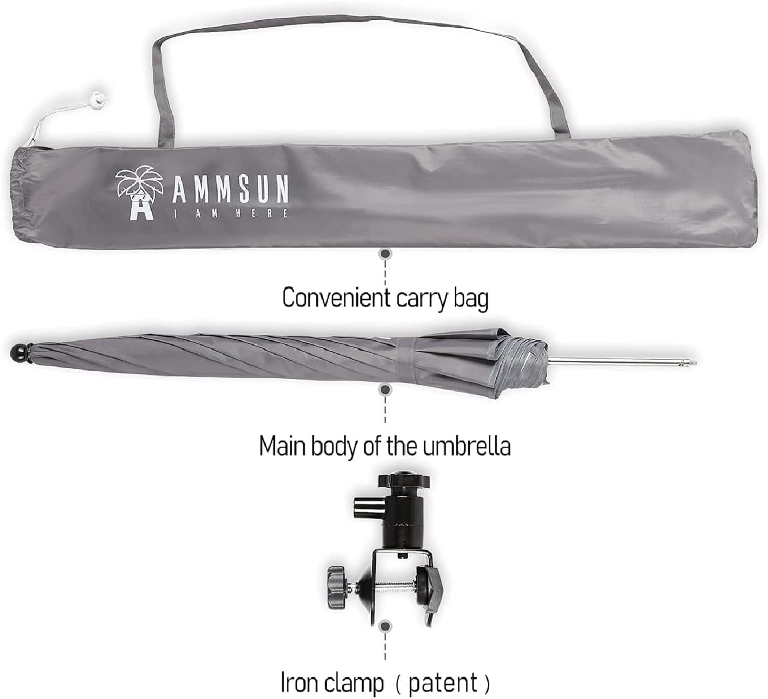AMMSUN 43 inches Chair Umbrella with Universal Clamp Grey