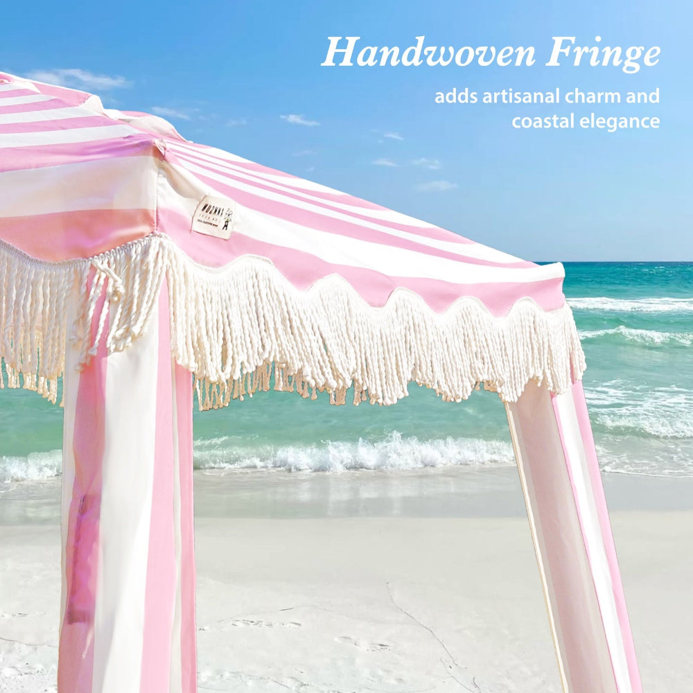 AMMSUN 6'×6' Bobo Pink Stripe tassel Beach Cabana beach umbrella tent with handwoven fringe