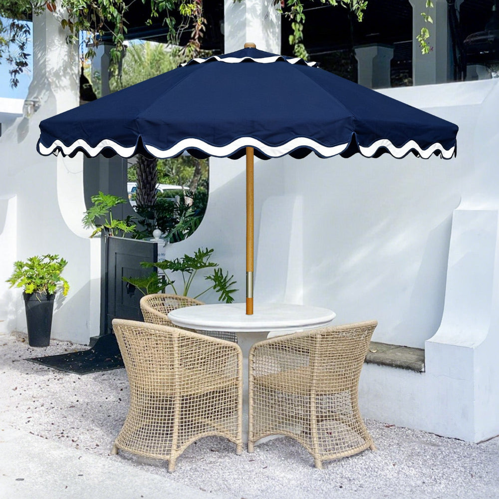 Outdoor setting with an AMMSUN large beach umbrella with pulley system for picnic table umbrella and wicker chairs