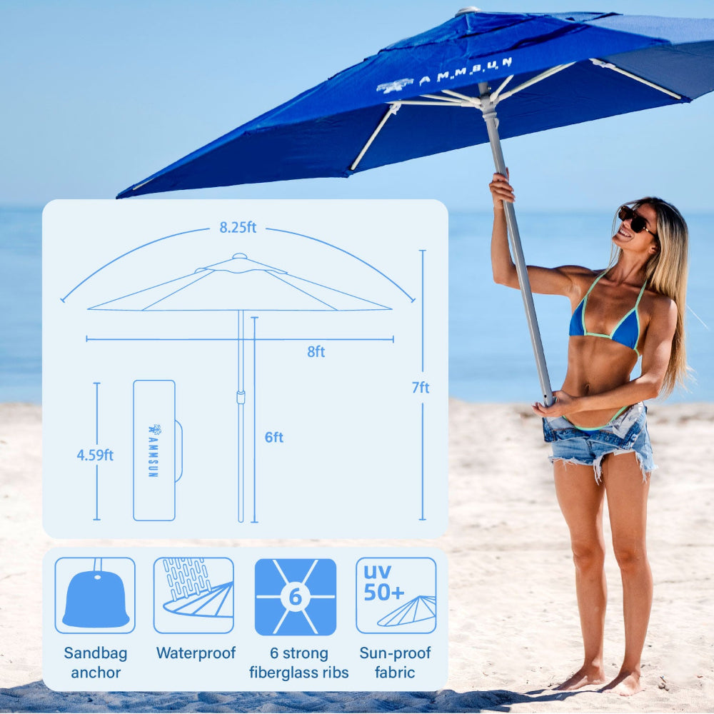 Woman holding AMMSUN 8FT high wind beach umbrella on a sandy beach with an inset showing umbrella specifications.