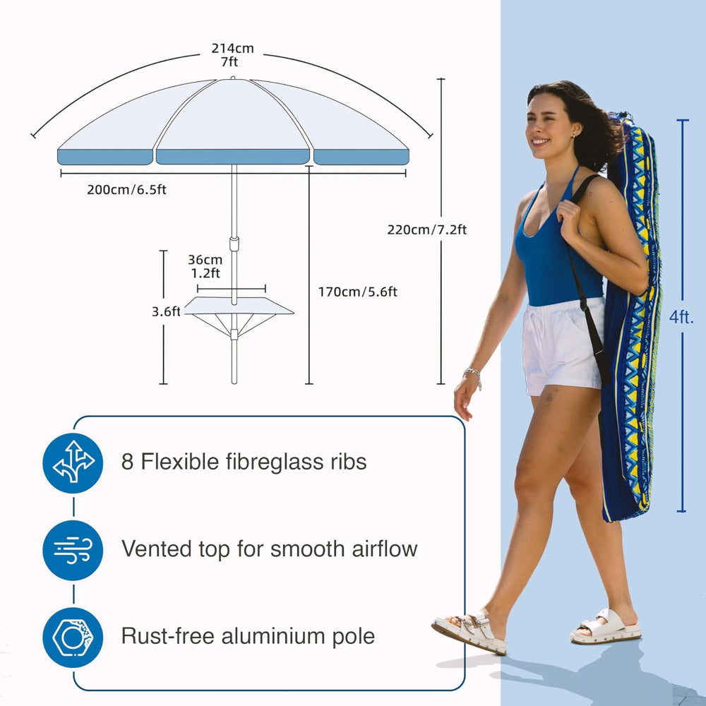 Woman holding a carry bag for AMMSUN blue 7ft beach umbrella with sand anchor for travel beach umbrella