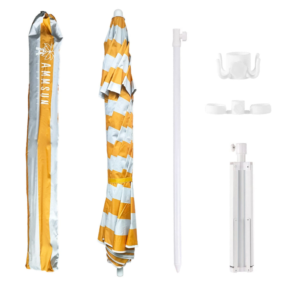 AMMSUN 6.5ft portable umbrella with stand has a hook and cup holder