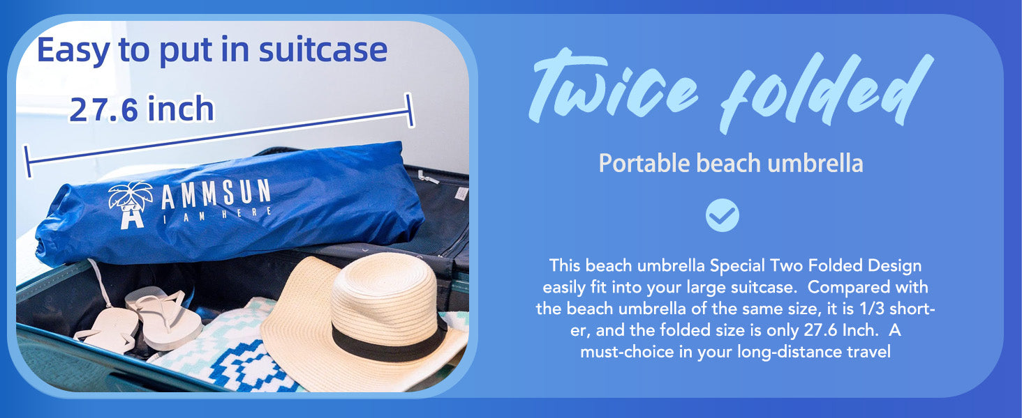 AMMSUN 6.5ft blue folded travel beach umbrella two-way tilt with anchor is easy to put in 27.6