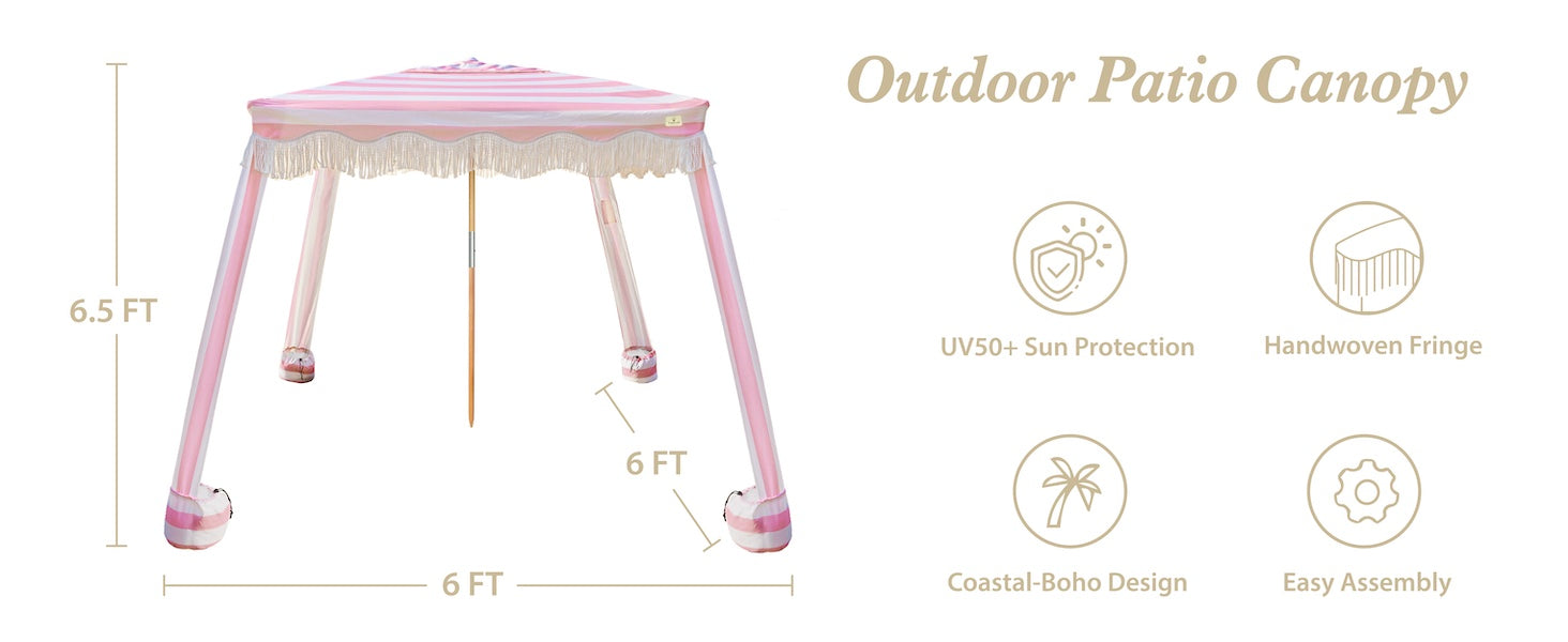 AMMSUN 6'x6' pink stripe cool cabana beach tent with fringe in 6.5ft tall with premium wood pole