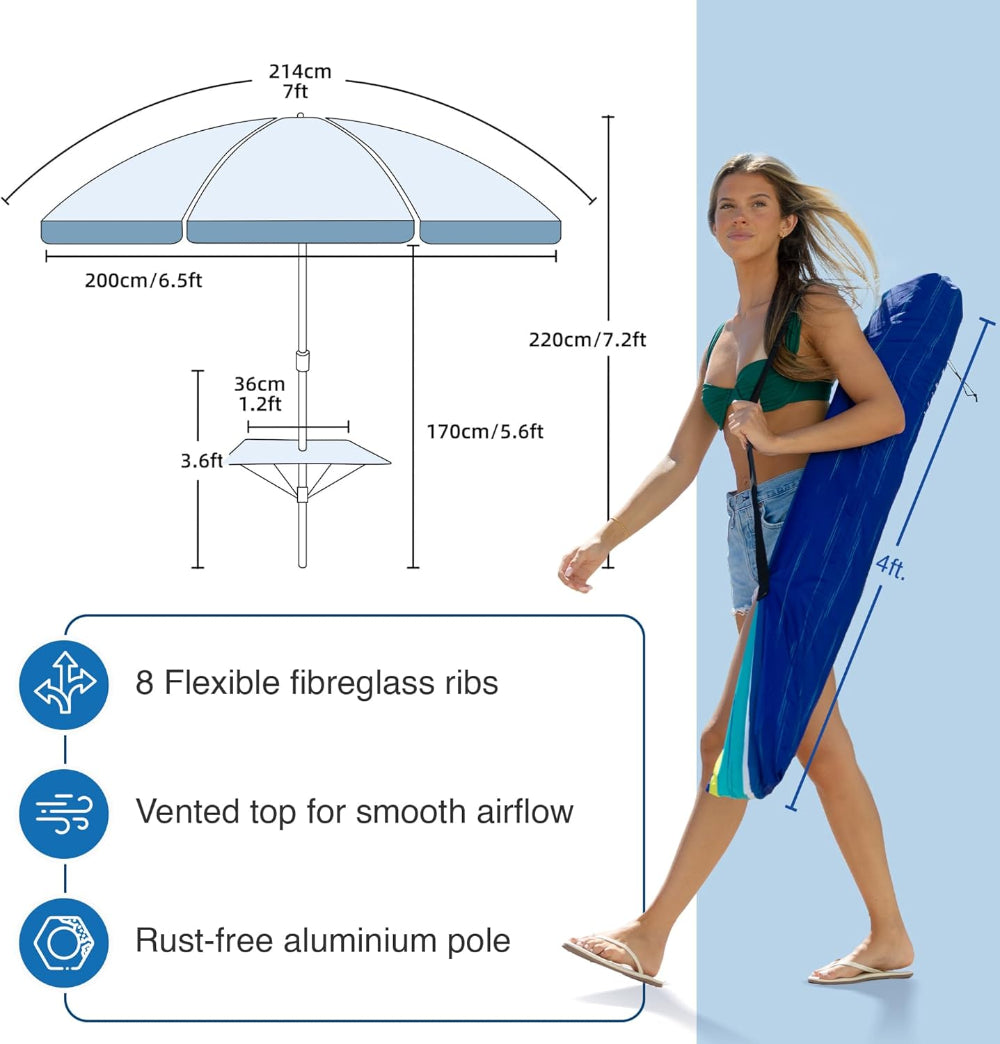 Woman holding a carry bag for AMMSUN blue 7ft beach umbrella with sand anchor for travel beach umbrella