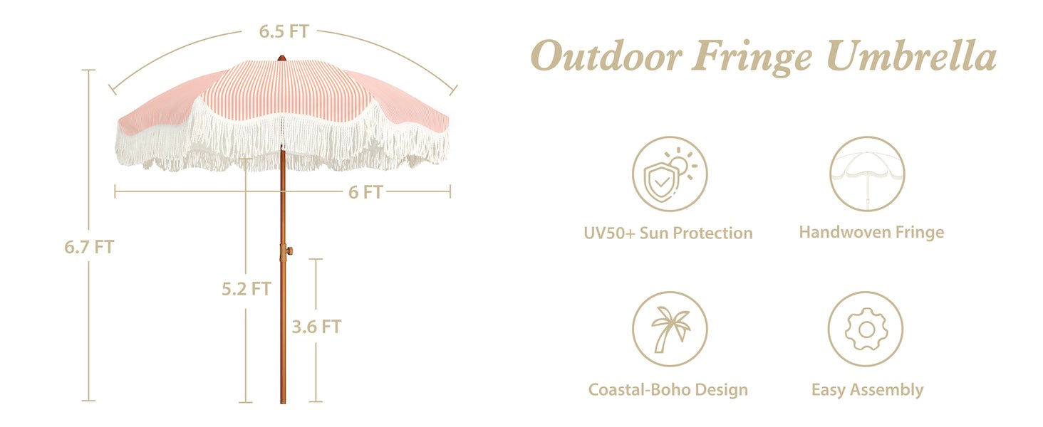 AMMSUN 6.5ft Boho fringe portable umbrella with base in 6.7ft tall with 8 ribs and a knob for height