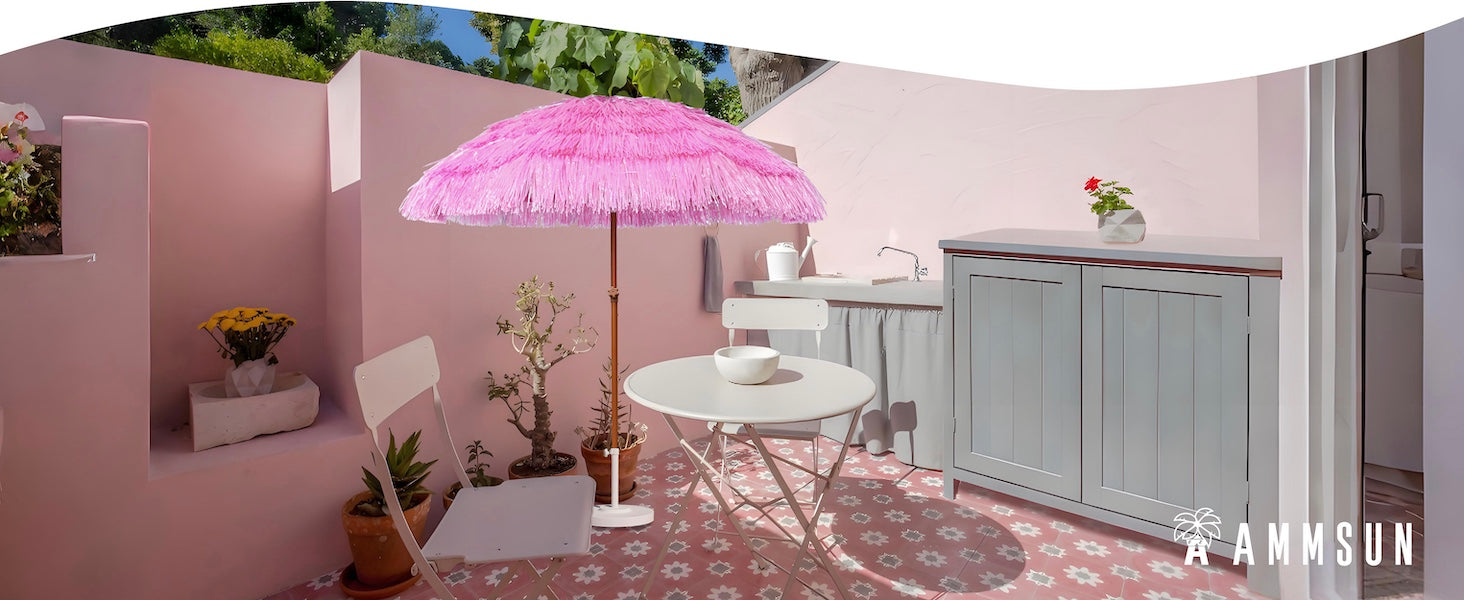 A table and chair shaded by AMMSUN 7.5ft hula thatched tiki umbrella for porch umbrella outdoors