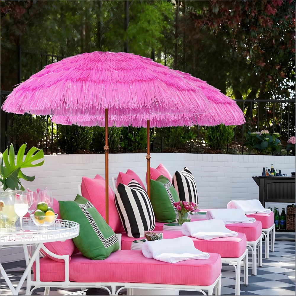 AMMSUN 7.5ft pink backyard umbrella for outdoor tiki umbrella over lounge chairs in garden.
