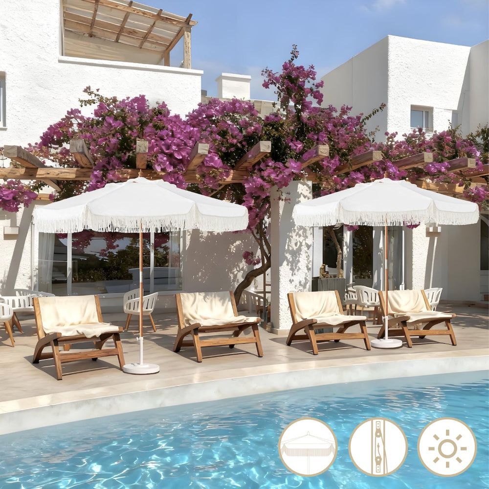 AMMSUN white 8ft patio market umbrella with tassel for pulley lift outdoor umbrella with chairs on poolside