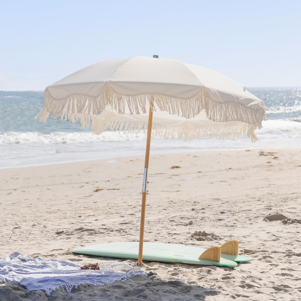 ammsun 6.5 ft outdoor patio beach umbrella sun AMMSUN 6.5ft ash wood pole Boho Umbrella with Fringe,Elegant White