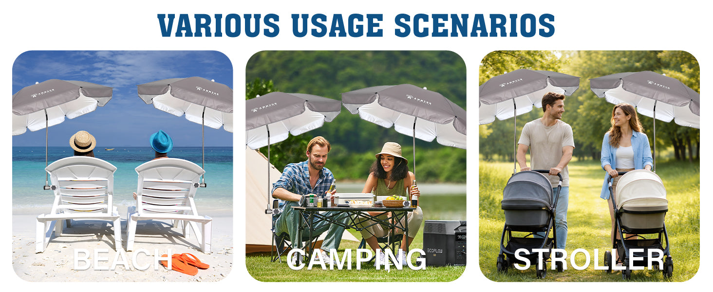 AMMSUN 2 packs grey xl schair umbrella with clamp adjustable fits for beach, camping and on-the-go