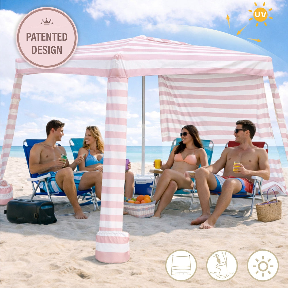 4 people sitiing under an AMMSUN 8'x8' pink stripe extra arge portable beach tent easy set up cabana with sunwall