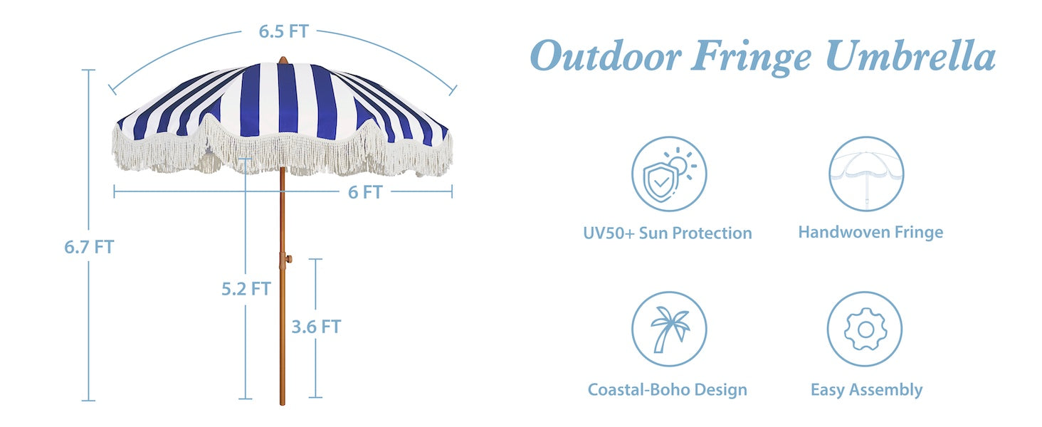 AMMSUN 6.5ft Boho fringe portable umbrella with base in 6.7ft tall with 8 ribs and a knob for height 