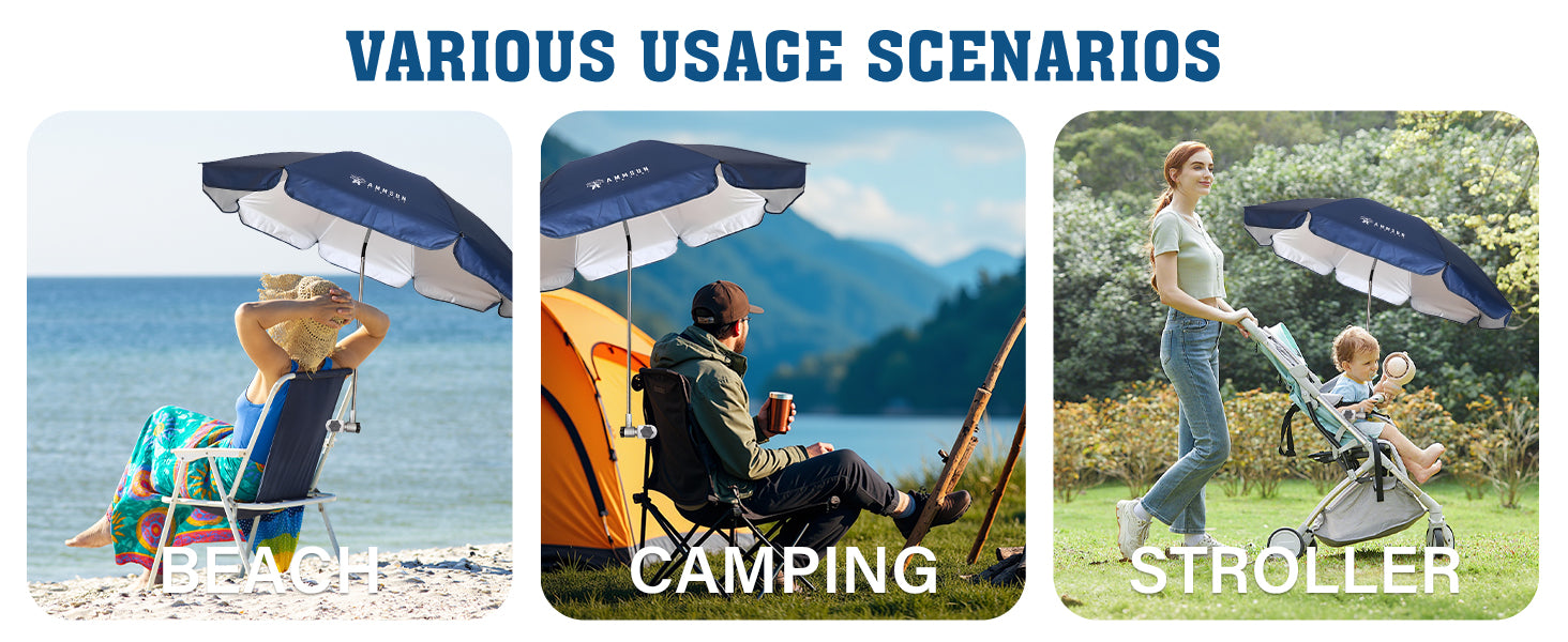 AMMSUN navy blue extra large clip on chair umbrella sun shade with clamp fits for beach, camping and on-the-go