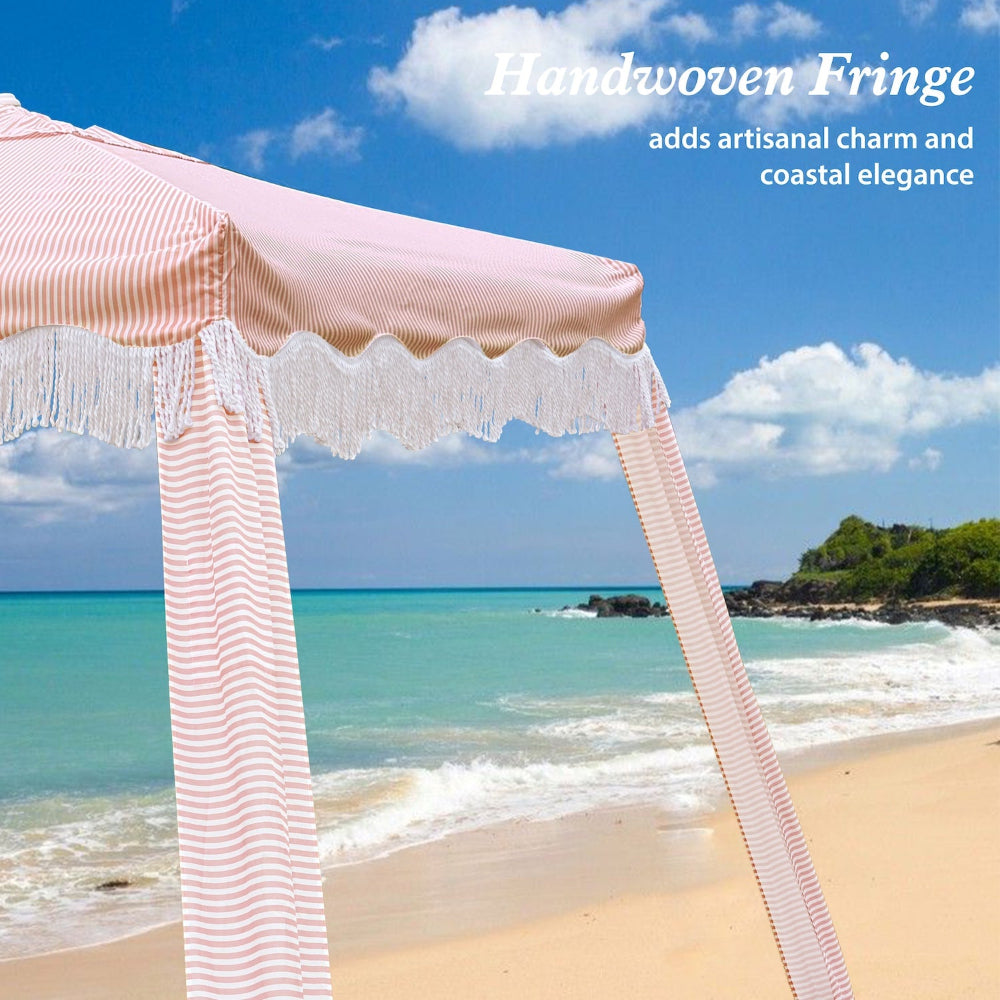AMMSUN 7'×7' boho pink stripes tassel beach cabana beach umbrella tent with handwoven fringe