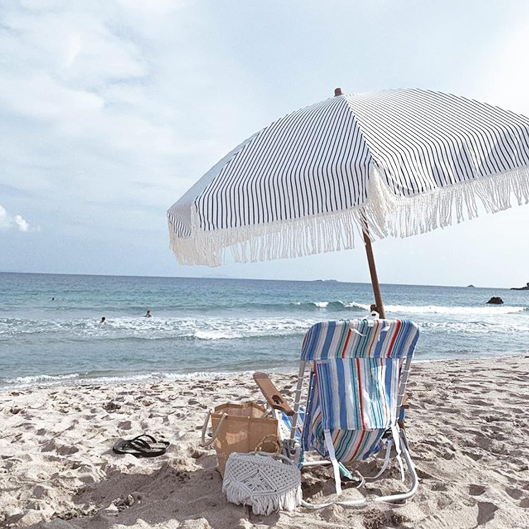 AMMSUN 7ft Patio Fringe Umbrella,Blue Stripes