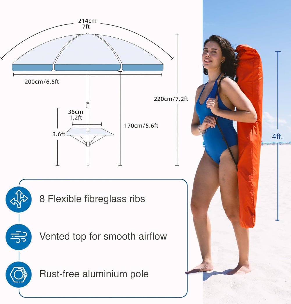 Woman holding a carry bag for AMMSUN blue 7ft best beach umbrella with sand anchor for travel beach umbrella