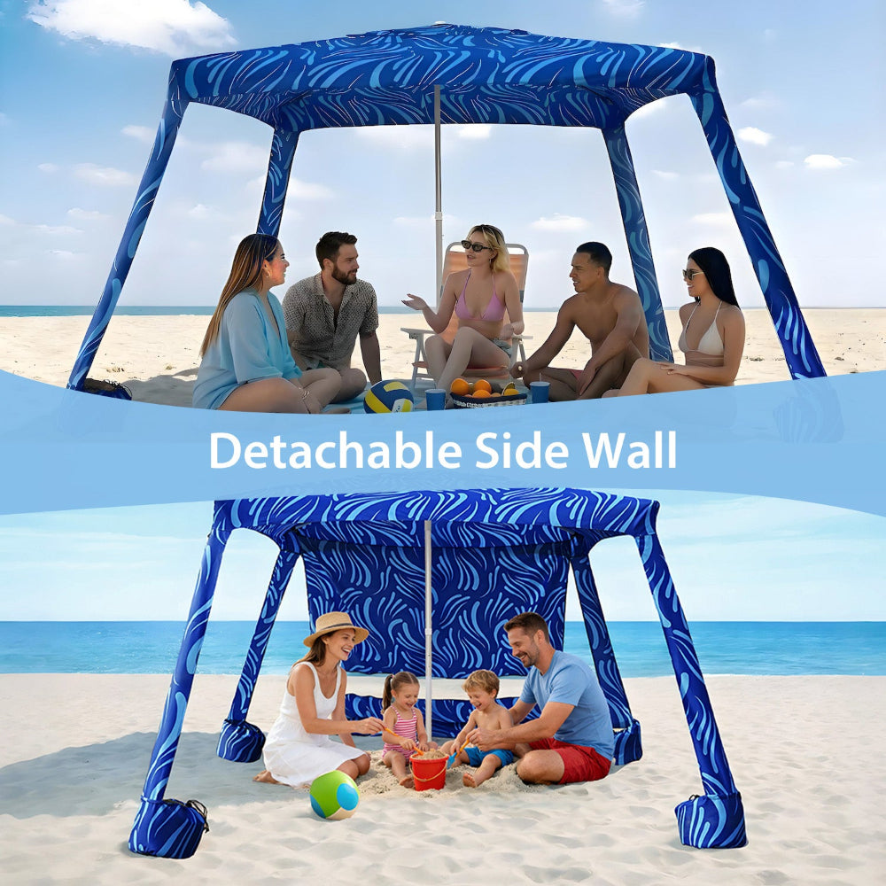 5 people sitting under an AMMSUN 8'x8' sea flow outdoor tent with sunwall for beach cabana with detachable side wall on sand