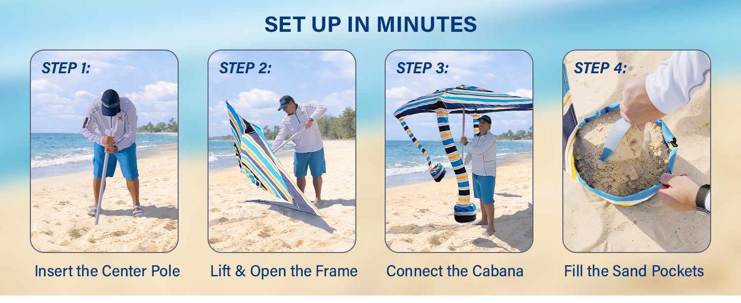 4 steps to easily set up AMMSUN 6.2'×6.2' beach tent camping sun shelters cabana with sand bags