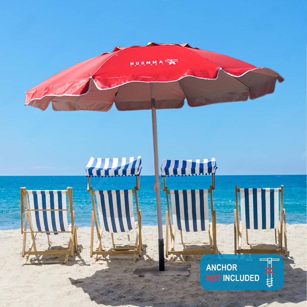  A sandy beach featuring beach chair under an AMMSUN 6.5ft red sun shade umbrella portable umbrella for travel for chair