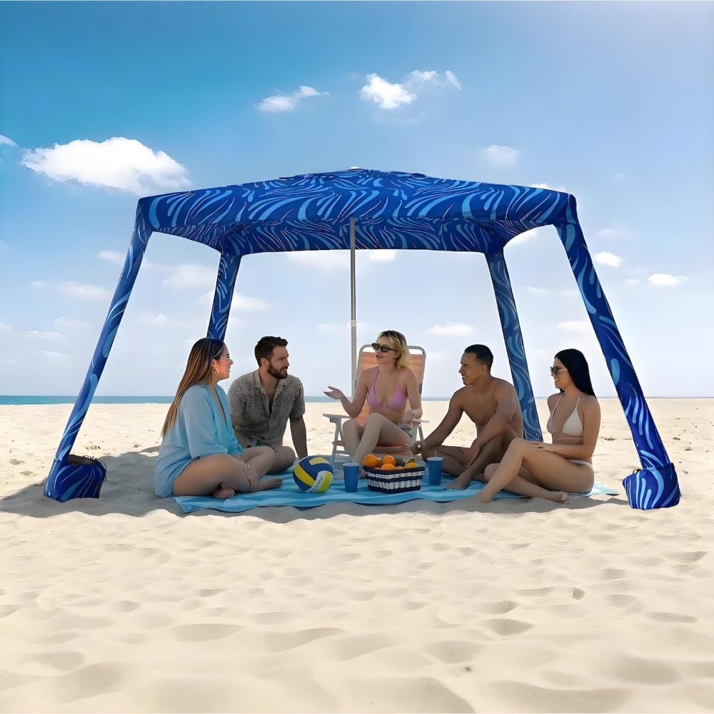 5 people sitting under an AMMSUN 8'x8' sea flow outdoor tent with sunwall for beach cabana on sand