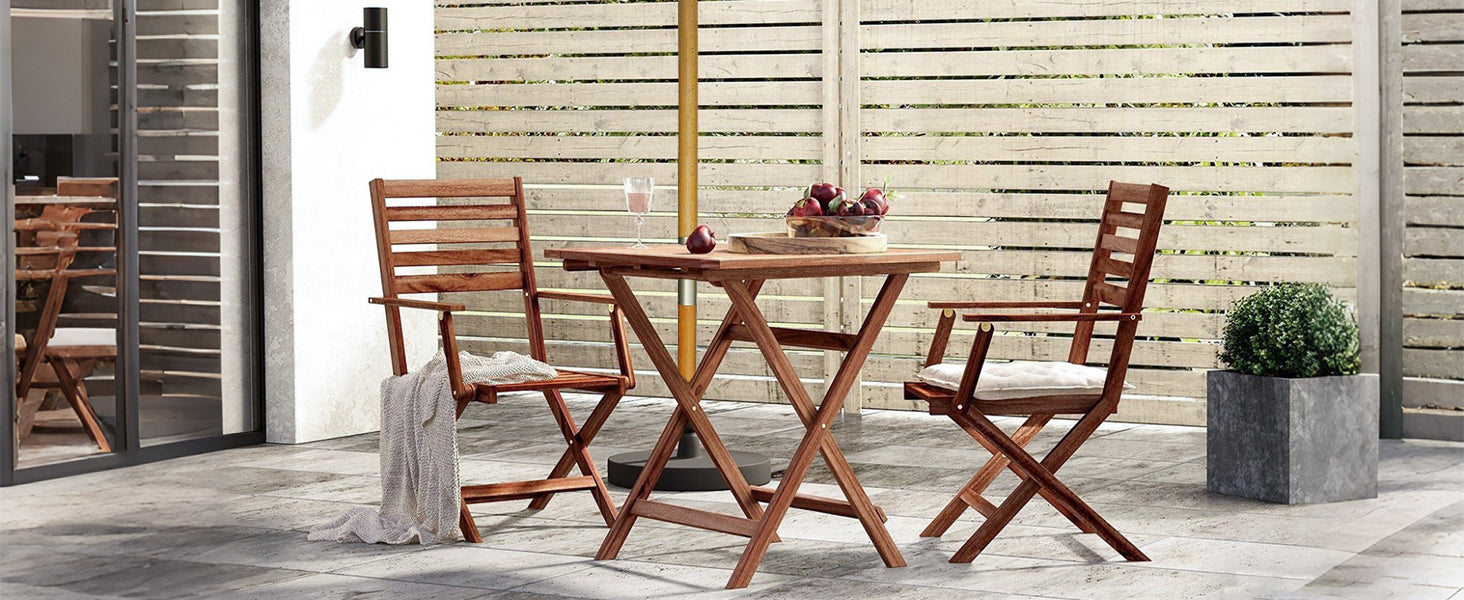 Wooden outdoor furniture set with table and chairs on a patio.